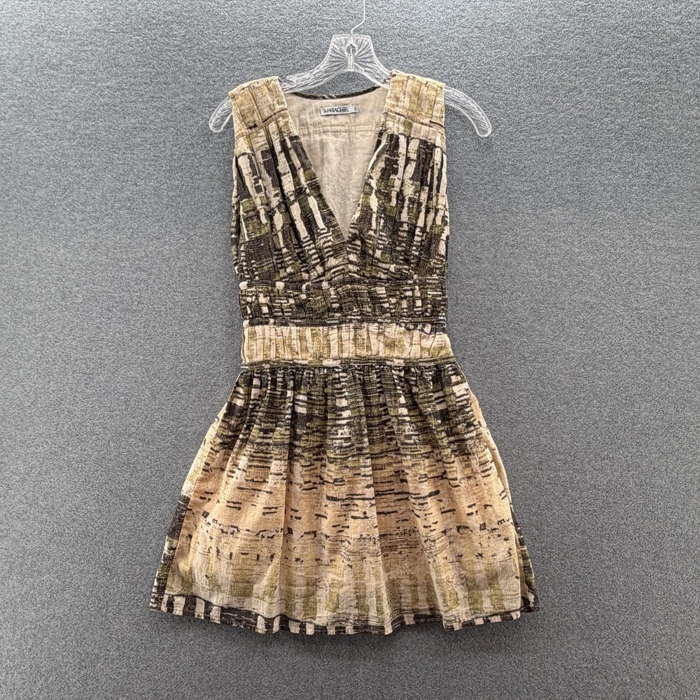 MARIA CHER Dress Small Cream Green Gold Shimmer Geo Smocked Fit Flare Mini